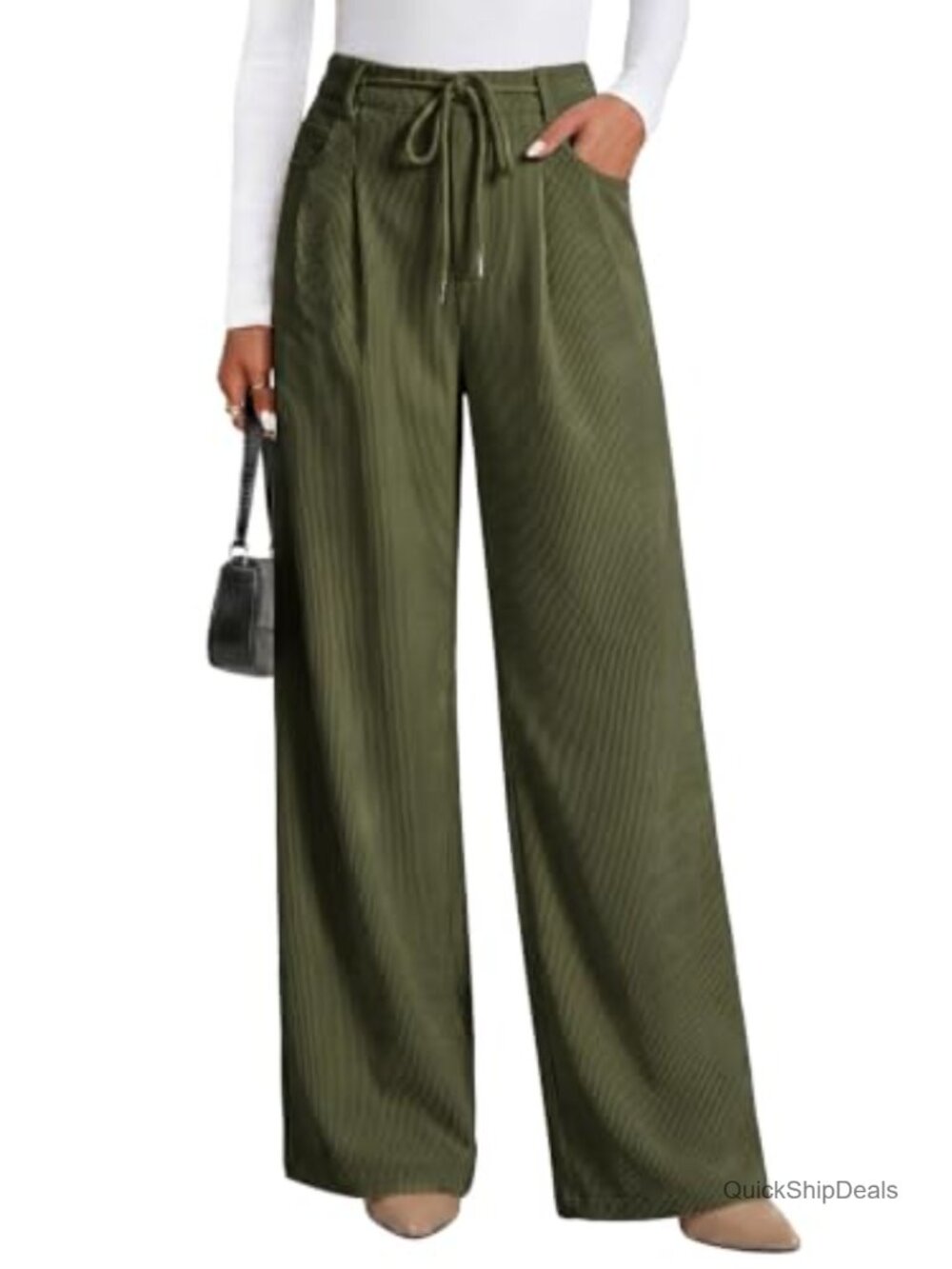 Corduroy Pants Women Wide Leg High Waisted Drawstring Baggy Casual Trousers